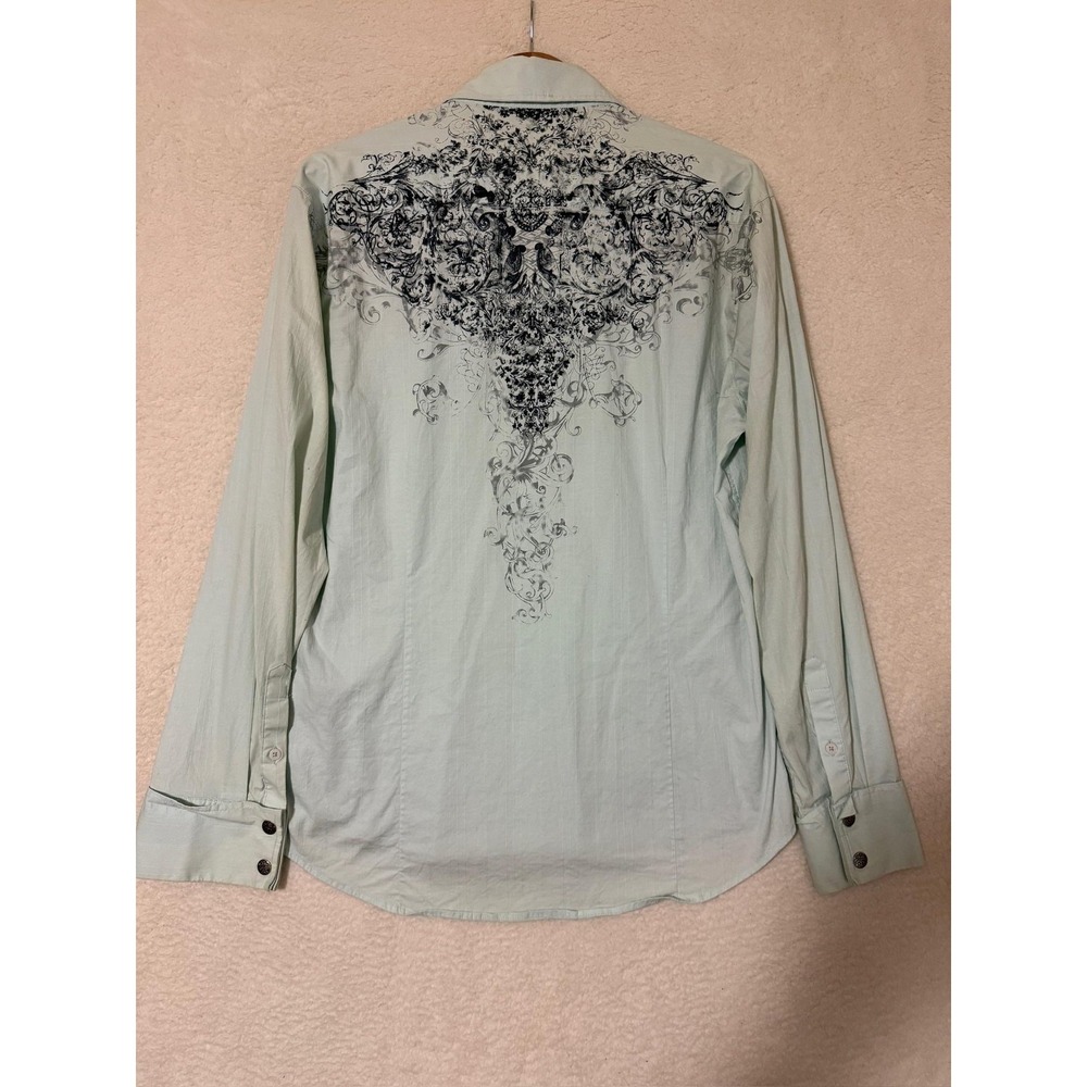 7‎ Diamonds Shirt Mens Large Green Long Sleeve Graphic Western Dressy Scroll